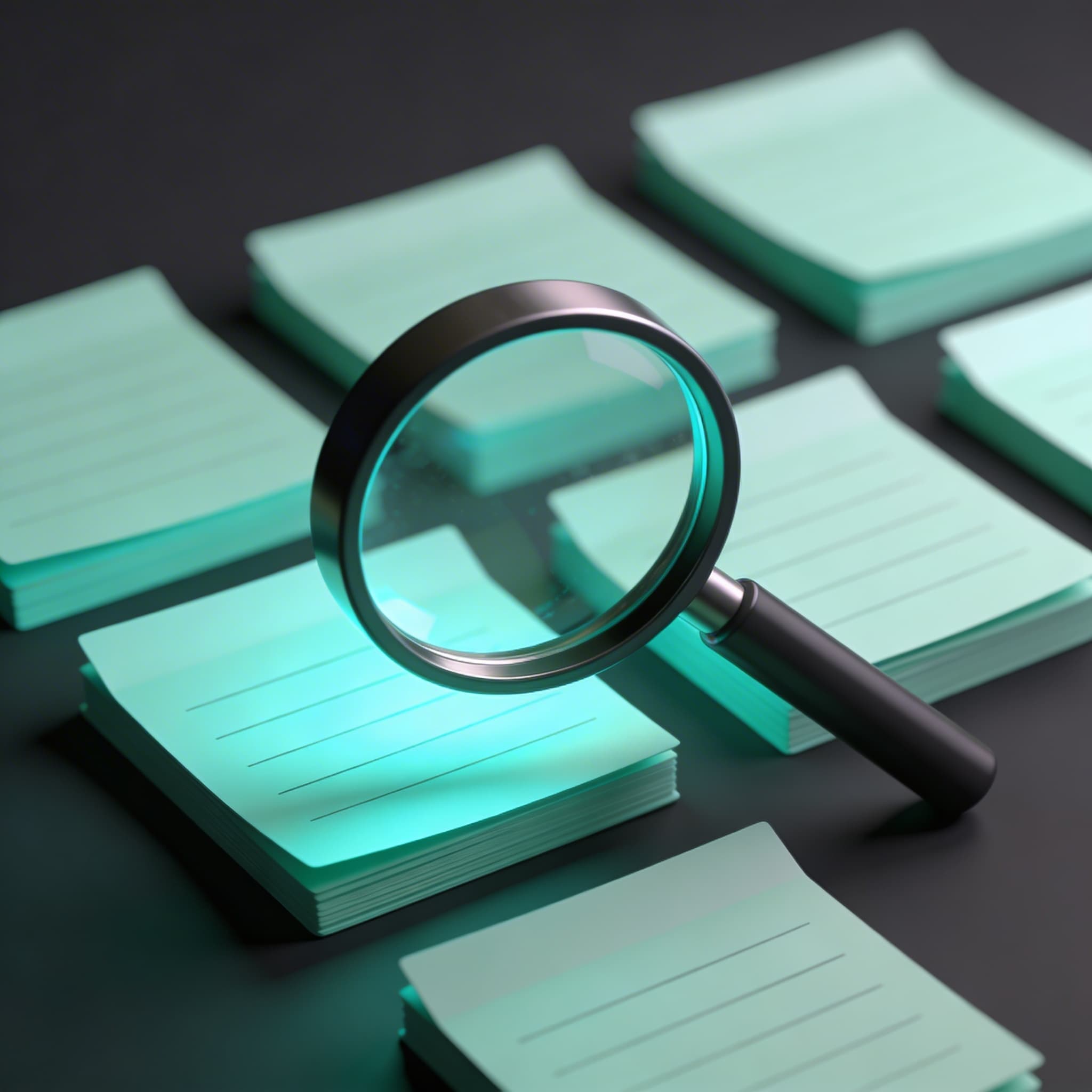 Magnifying glass over note cards illustrating search functionality