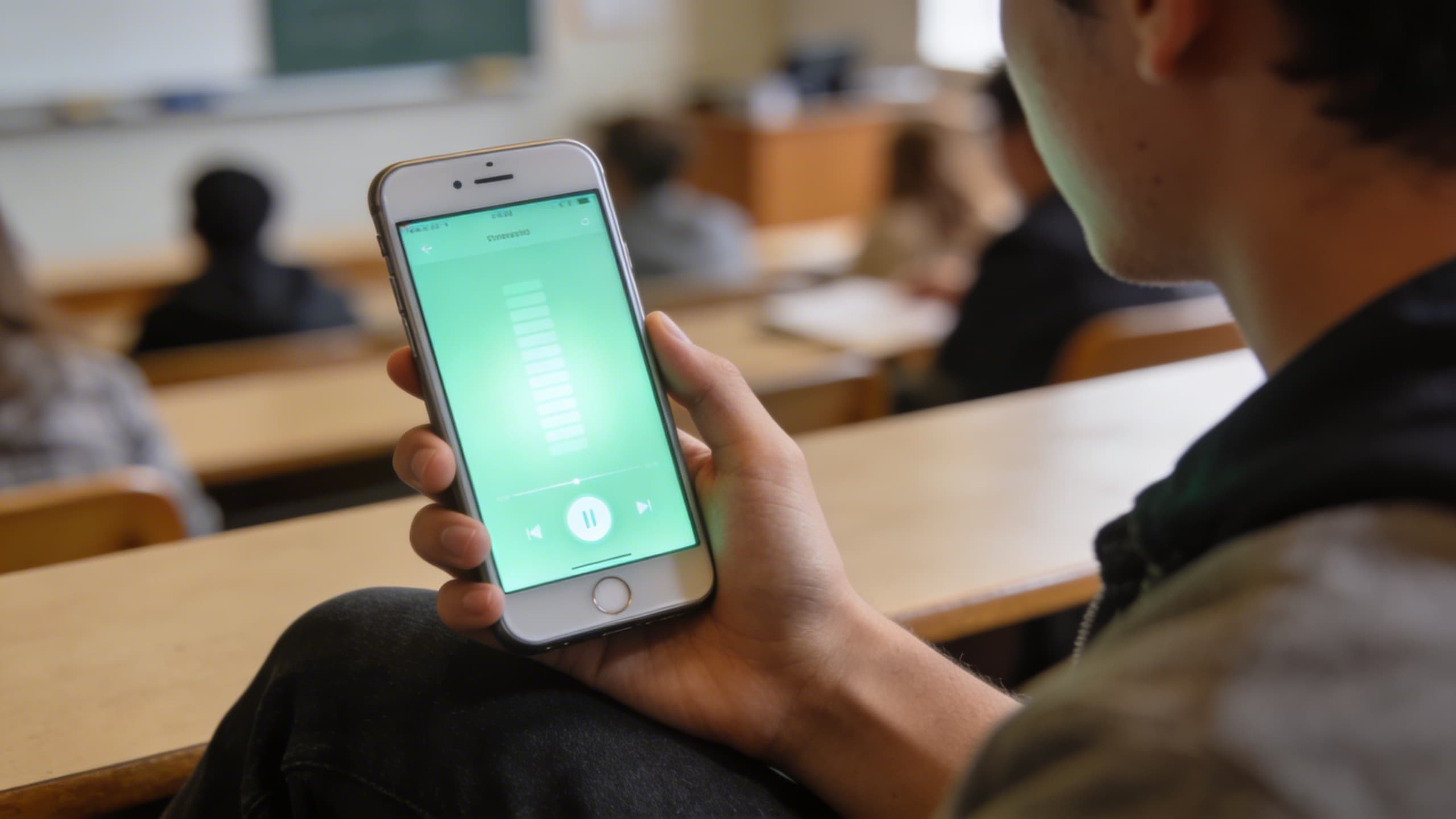 Student in a lecture hall using Talkdrop on their phone to capture notes